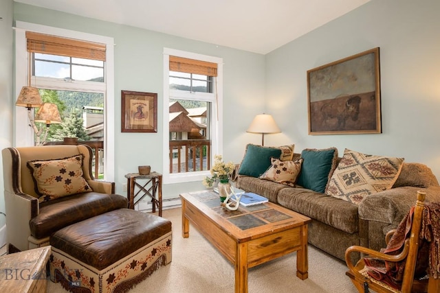 living room with carpet and a baseboard heating unit