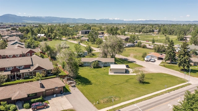 drone / aerial view featuring a mountain view