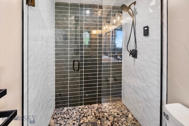 bathroom with a shower with shower door and toilet