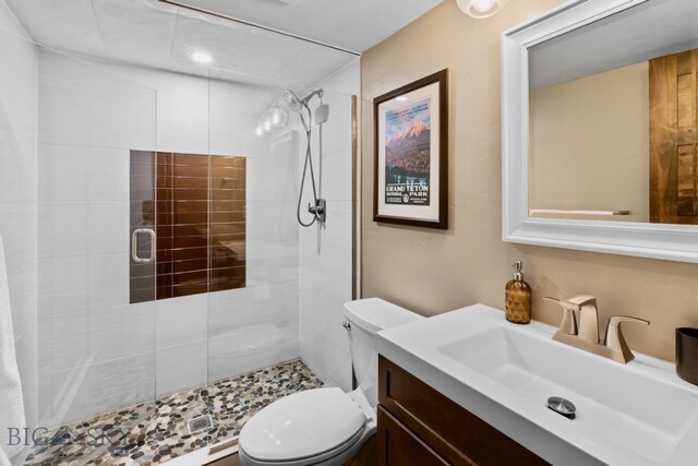 bathroom featuring toilet, vanity, and a shower with shower door