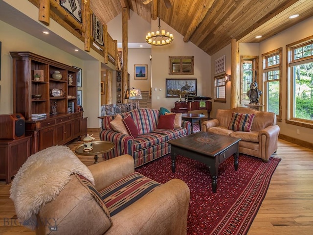 living room with an inviting chandelier, beam ceiling, high vaulted ceiling, wooden ceiling, and light wood-type flooring