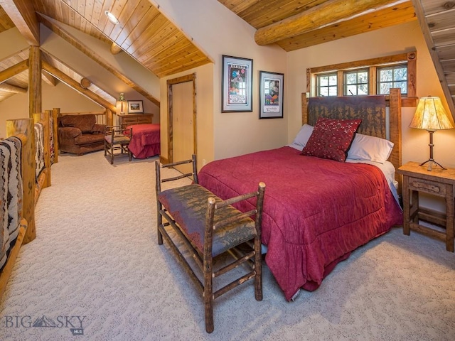 bedroom featuring carpet floors, vaulted ceiling with beams, and wood ceiling