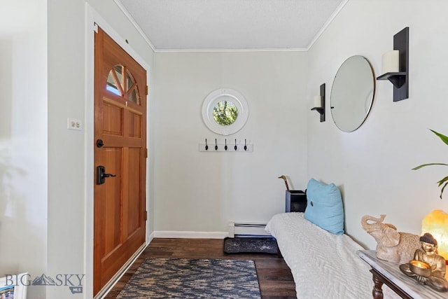 entryway with ornamental molding, dark wood-type flooring, and a baseboard radiator