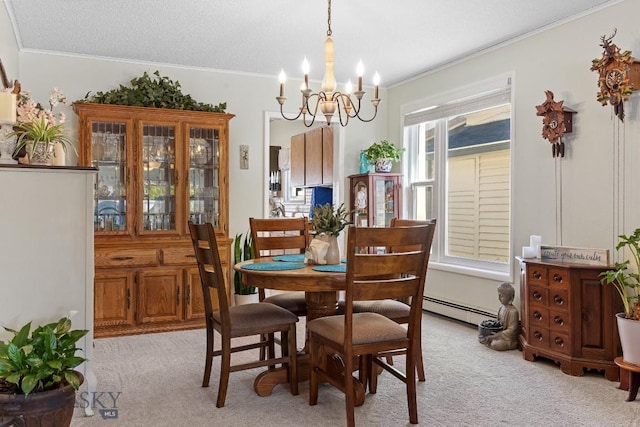 carpeted dining area featuring crown molding, a baseboard radiator, a textured ceiling, and an inviting chandelier