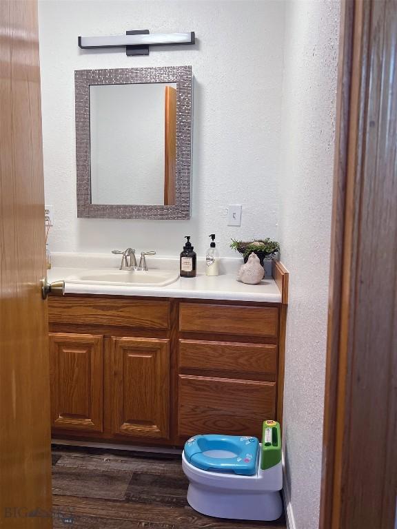 bathroom featuring hardwood / wood-style flooring, toilet, and vanity