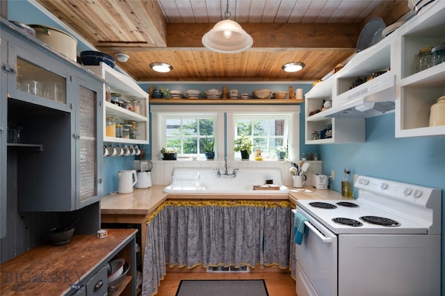 kitchen with light wood-type flooring, wood ceiling, wooden counters, decorative light fixtures, and electric range