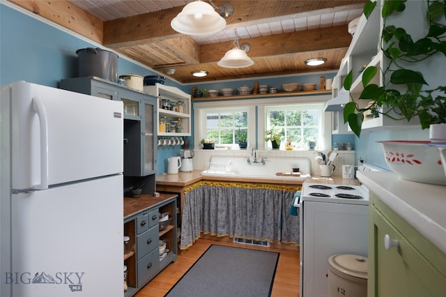 kitchen featuring light wood-type flooring, beamed ceiling, white appliances, and wood ceiling