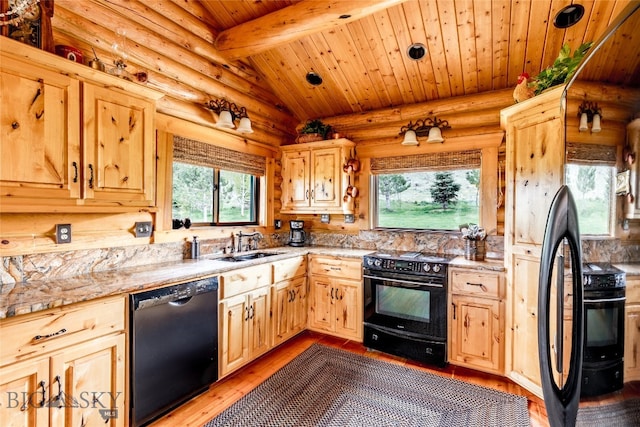 kitchen with black appliances, hardwood / wood-style flooring, lofted ceiling with beams, log walls, and wood ceiling