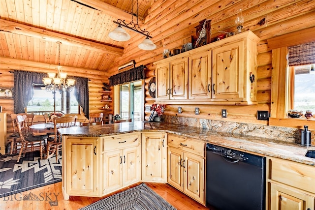 kitchen featuring wooden ceiling, dishwasher, beam ceiling, log walls, and light hardwood / wood-style floors