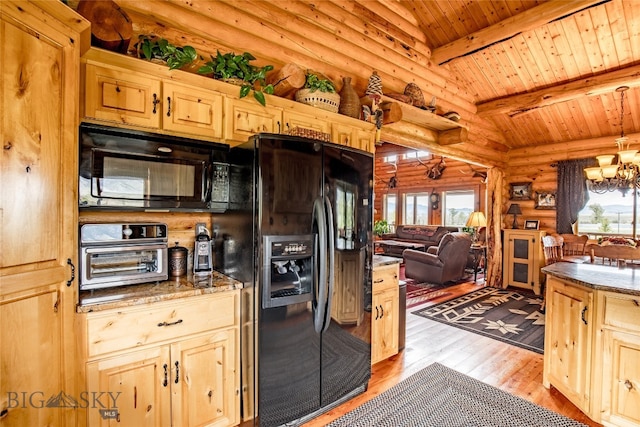 kitchen with black appliances, wooden ceiling, rustic walls, lofted ceiling with beams, and light hardwood / wood-style floors