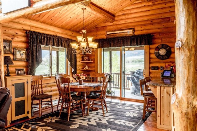 dining space featuring plenty of natural light, log walls, and dark hardwood / wood-style flooring