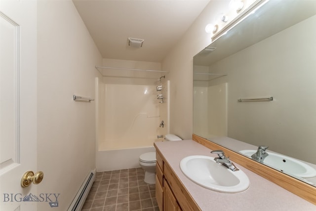 full bathroom with bathtub / shower combination, toilet, vanity, tile patterned floors, and a baseboard radiator