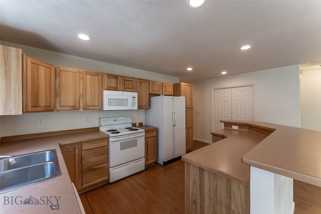 kitchen with sink, hardwood / wood-style flooring, and white appliances