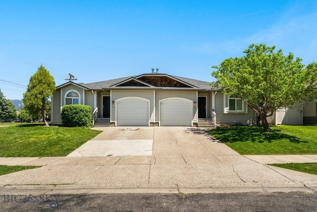 ranch-style home featuring a garage and a front lawn