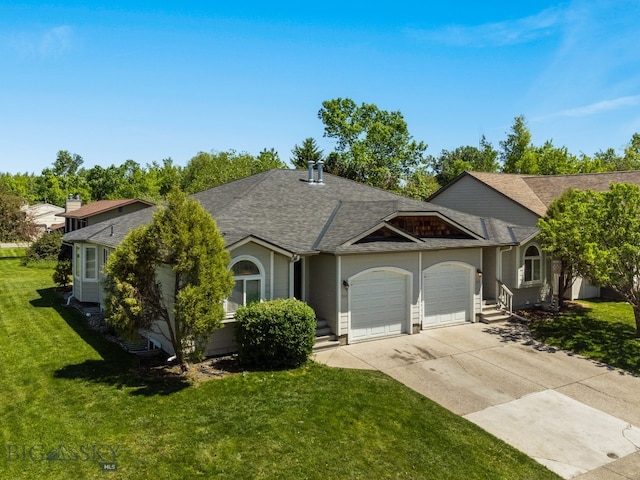 single story home with a garage and a front yard