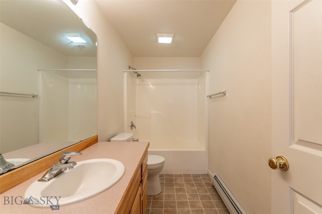 full bathroom featuring vanity, a baseboard heating unit, tub / shower combination, toilet, and tile patterned flooring