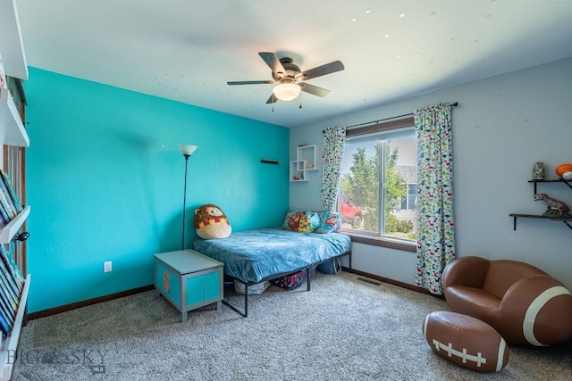 carpeted bedroom featuring ceiling fan