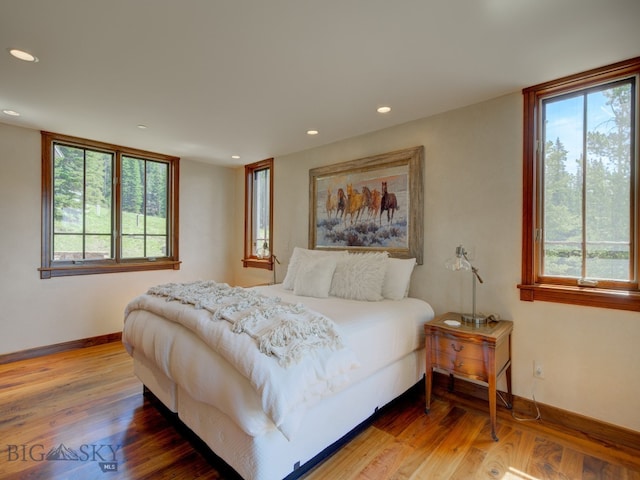 bedroom featuring multiple windows and wood-type flooring