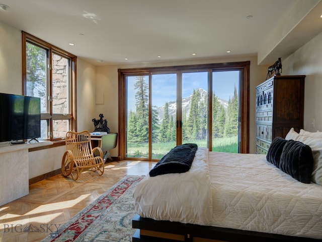 bedroom featuring multiple windows, access to exterior, and parquet floors