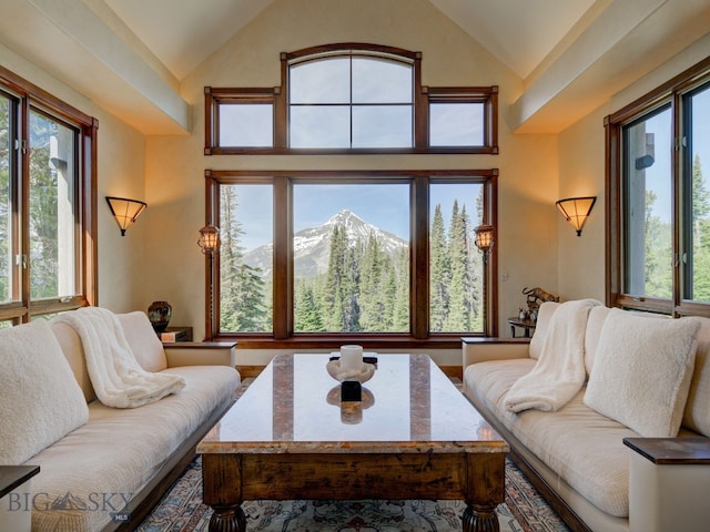 living room with a mountain view, a healthy amount of sunlight, and high vaulted ceiling