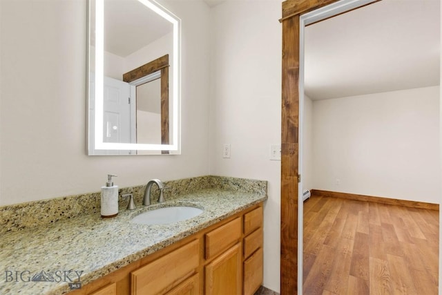 bathroom with vanity, hardwood / wood-style floors, and a baseboard heating unit