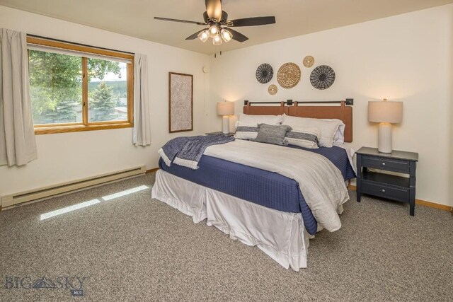 carpeted bedroom featuring ceiling fan and a baseboard heating unit