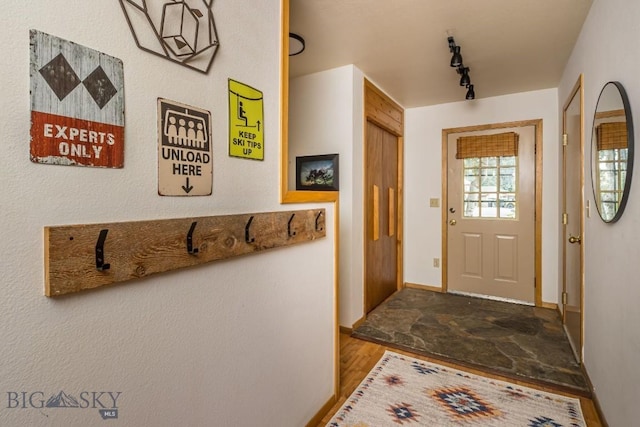 doorway to outside with hardwood / wood-style floors and track lighting