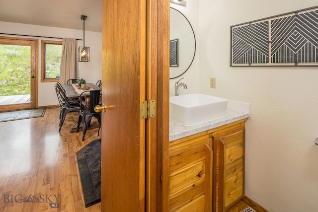 bathroom with hardwood / wood-style floors and vanity