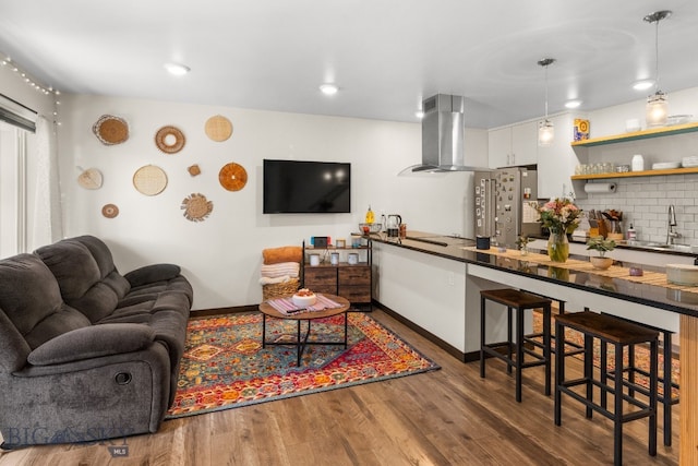 living room with sink and dark wood-type flooring