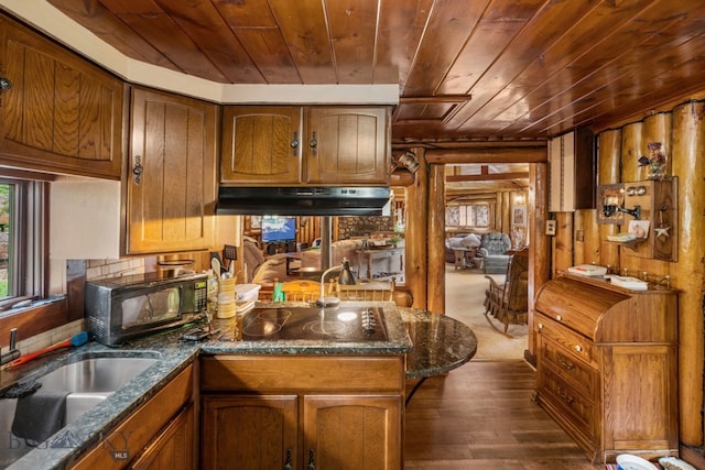 kitchen with wooden ceiling, wood walls, sink, black appliances, and dark wood-type flooring