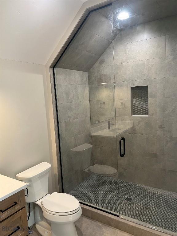 bathroom featuring lofted ceiling, tile patterned flooring, vanity, a shower with shower door, and toilet