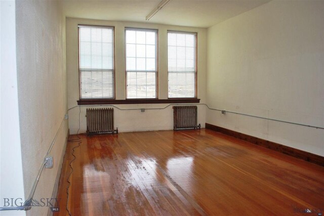 empty room featuring hardwood / wood-style flooring, radiator, and a wealth of natural light