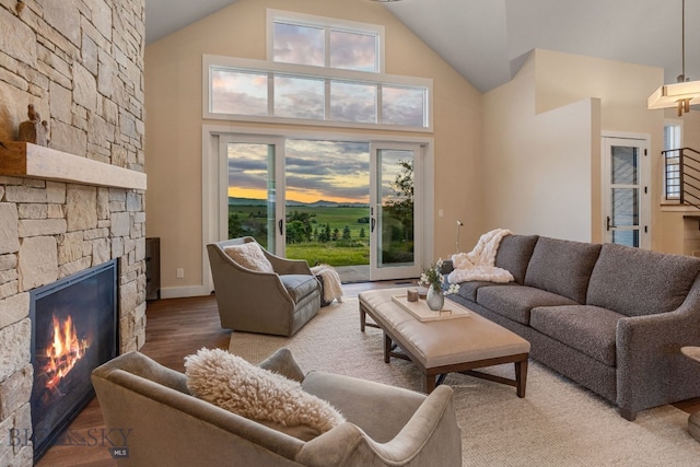 living room with high vaulted ceiling, a healthy amount of sunlight, a stone fireplace, and hardwood / wood-style floors