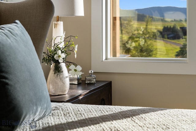 interior space with a mountain view