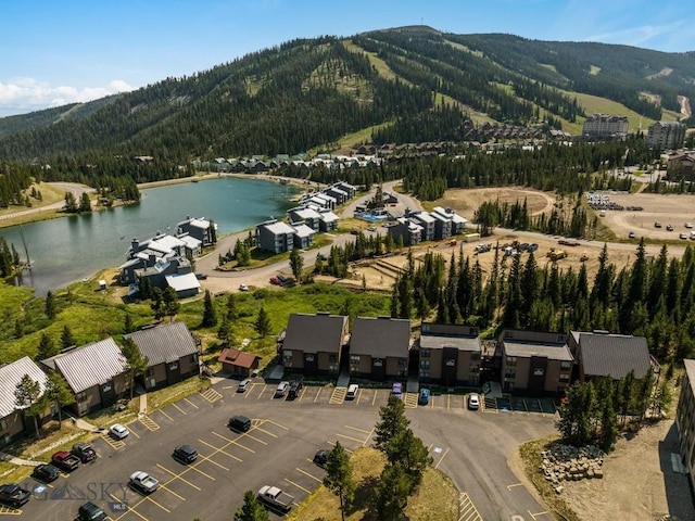 birds eye view of property featuring a water and mountain view