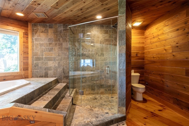 bathroom with toilet, wood walls, wooden ceiling, hardwood / wood-style flooring, and plus walk in shower