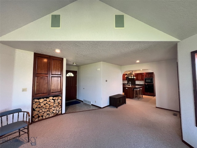 interior space featuring sink, a textured ceiling, and lofted ceiling