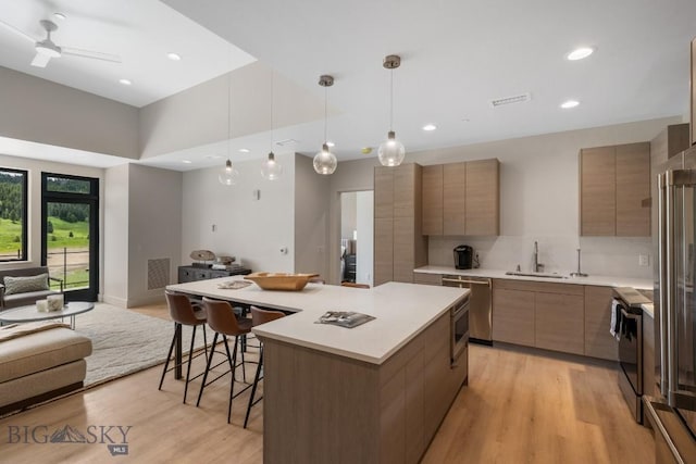 kitchen featuring sink, a center island, pendant lighting, light wood-type flooring, and appliances with stainless steel finishes