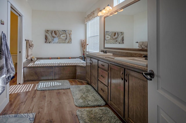 bathroom featuring a washtub, vanity, and hardwood / wood-style flooring