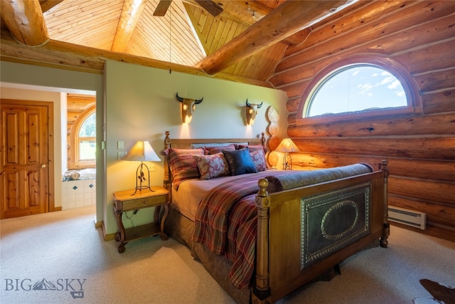 carpeted bedroom with rustic walls, wood ceiling, ceiling fan, baseboard heating, and ensuite bath