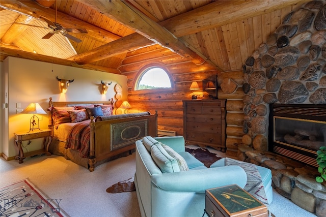 bedroom featuring a stone fireplace, carpet flooring, log walls, and wooden ceiling