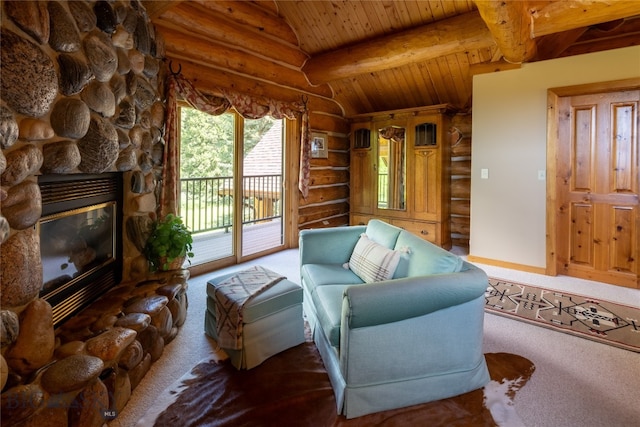 living room featuring a stone fireplace, carpet flooring, lofted ceiling with beams, and wood ceiling