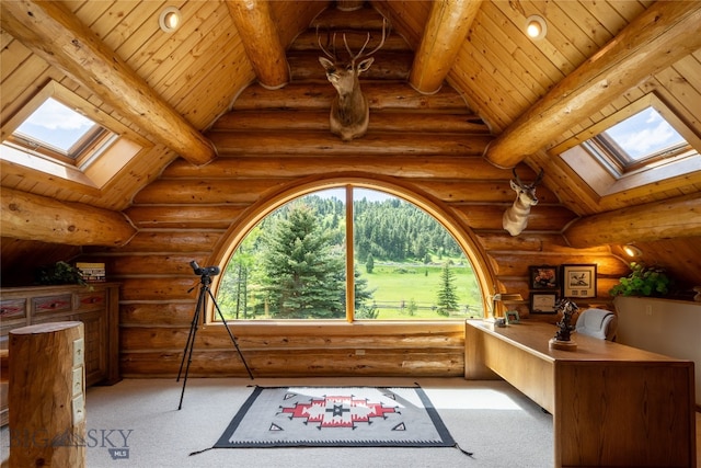 interior space with carpet floors, vaulted ceiling with skylight, log walls, and wooden ceiling