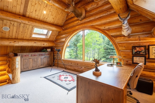 carpeted office with wood ceiling, log walls, and vaulted ceiling with skylight