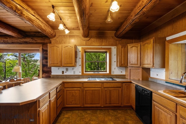 kitchen featuring beam ceiling, black dishwasher, a healthy amount of sunlight, and wooden ceiling