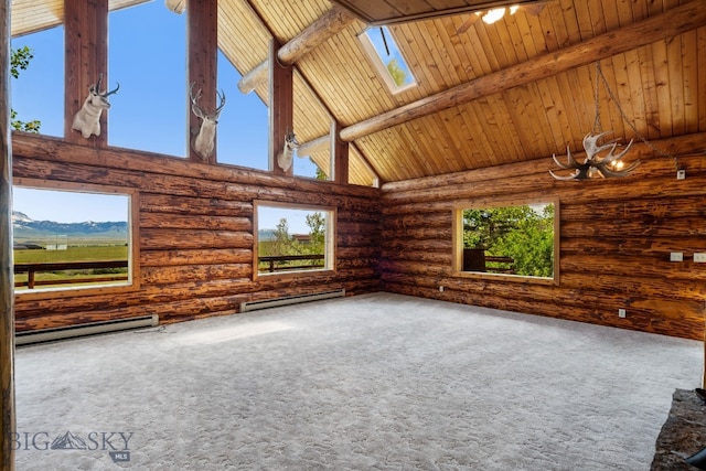 unfurnished living room with high vaulted ceiling, log walls, and wood ceiling