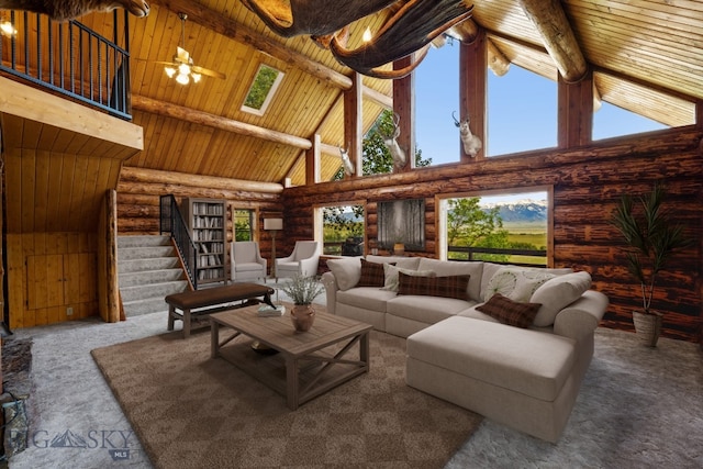 carpeted living room with high vaulted ceiling, beam ceiling, log walls, and wood ceiling