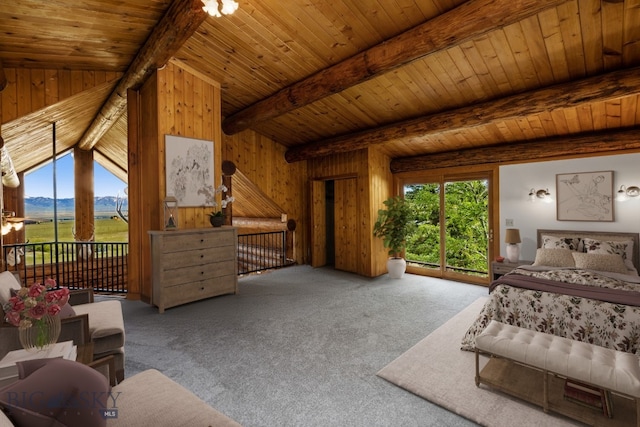 bedroom with lofted ceiling with beams, wooden ceiling, wooden walls, and carpet flooring