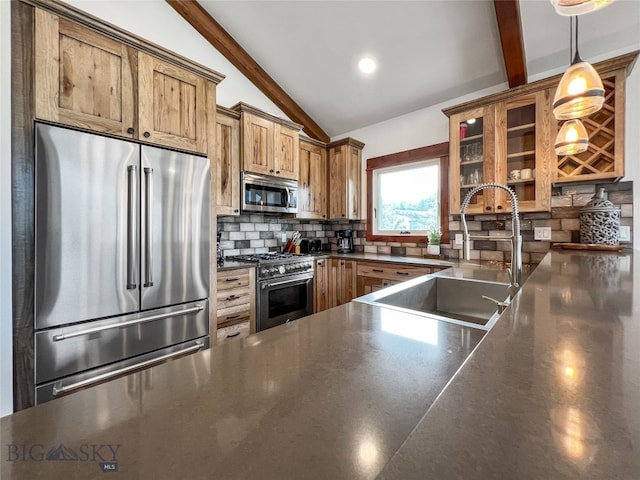 kitchen with lofted ceiling with beams, tasteful backsplash, sink, hanging light fixtures, and high quality appliances