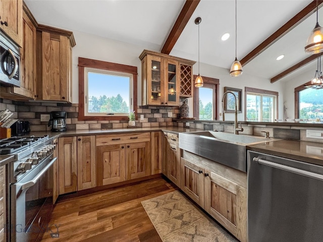 kitchen featuring stainless steel appliances, hanging light fixtures, sink, backsplash, and dark wood-type flooring